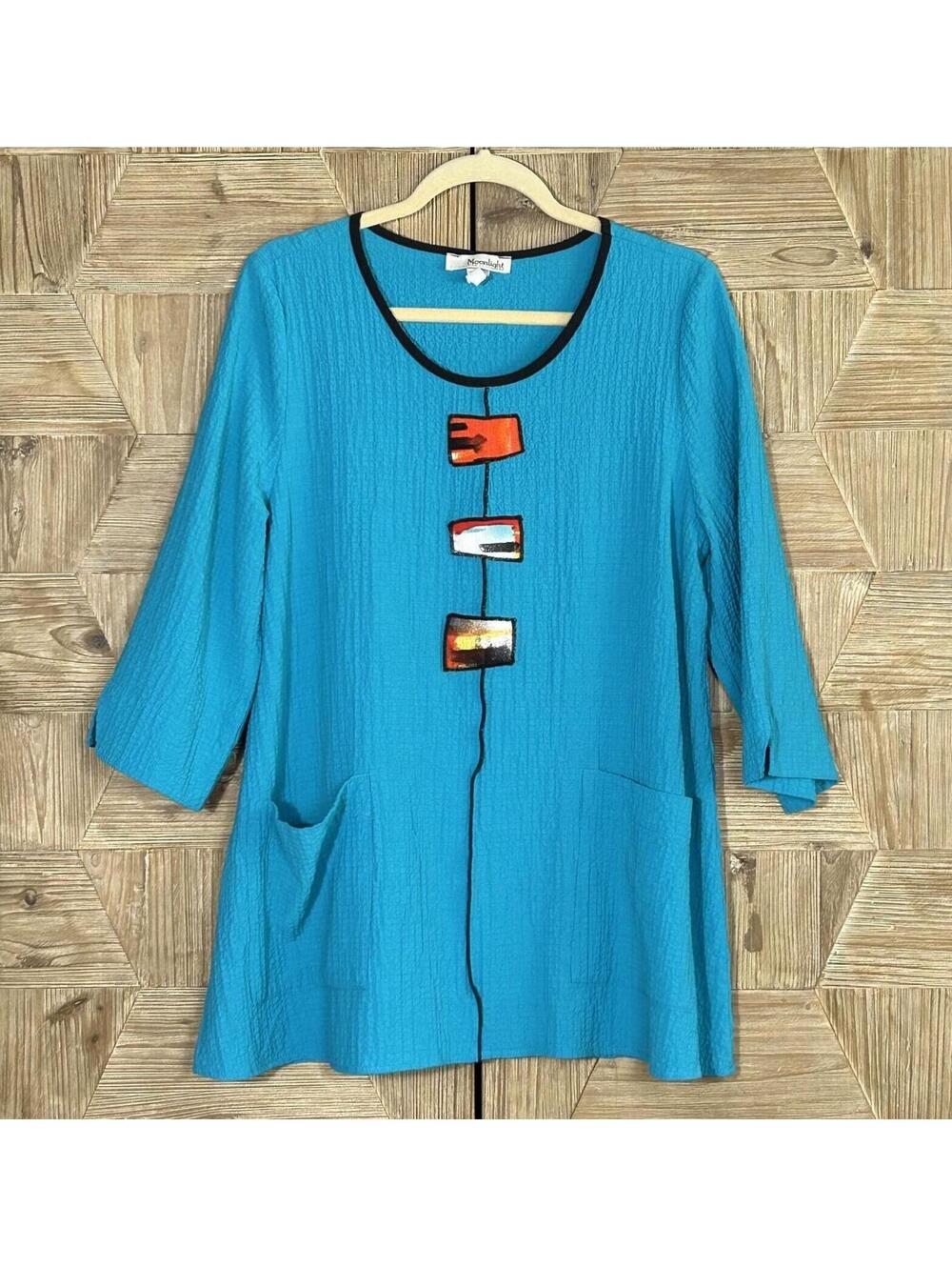 Moonlight Y & S Women's Bohemian Artsy Tunic Top Crinkle Blue Small Coastal